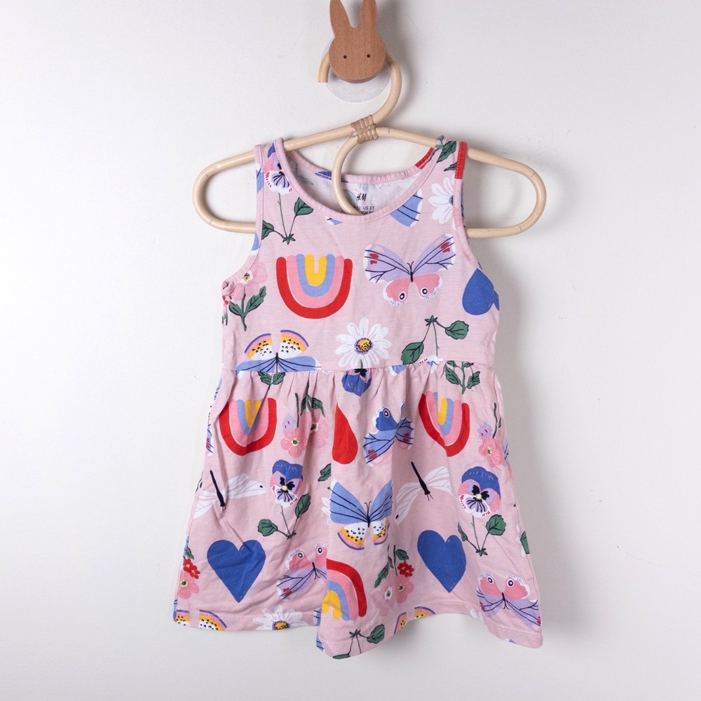H&M Jersey Dress Kids 2T Pink Rainbow Butterfly Heart Daisy Sleeveless